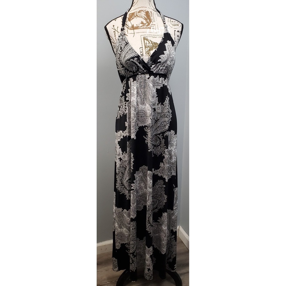 Color in Motion Halter Dress Womens M Black White Paisley‎ Wrap V Neck Backless